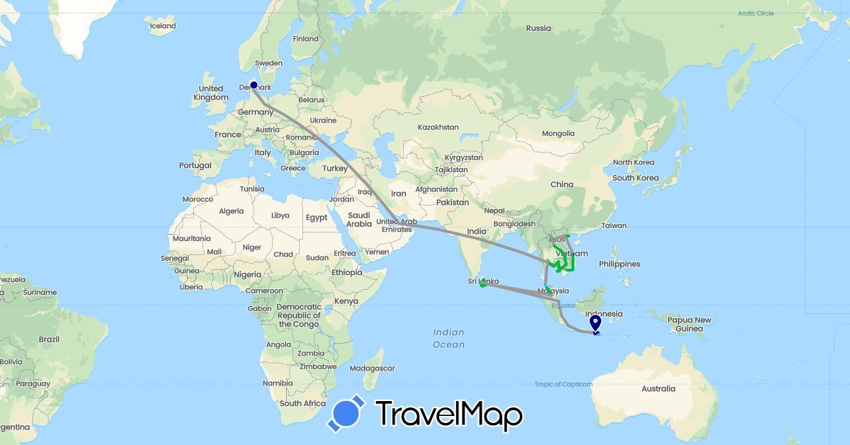 TravelMap itinerary: driving, bus, plane, boat, motorbike in United Arab Emirates, Germany, Denmark, Indonesia, Cambodia, Laos, Sri Lanka, Malaysia, Singapore, Thailand, Vietnam (Asia, Europe)